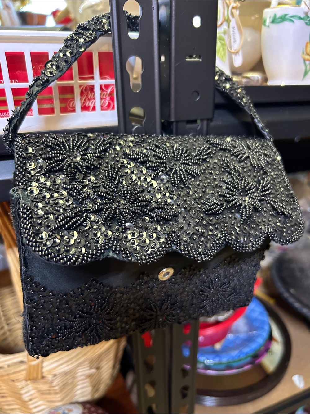 Simons Black Beaded Floral Mini Handbag